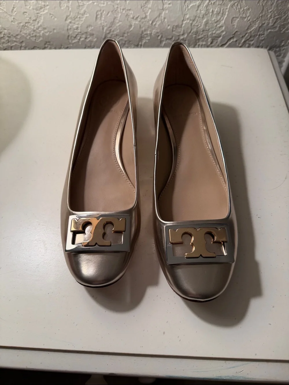 Tory Burch Metallic Taupe Ballet Flats with Gold Logo